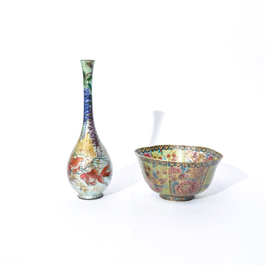 Chinese Cloisonné Bowl and Bud Vase