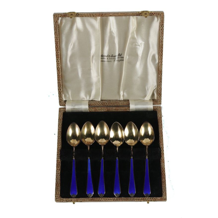 Set of Six Sterling Silver Demitasse Spoons with Blue Enamel