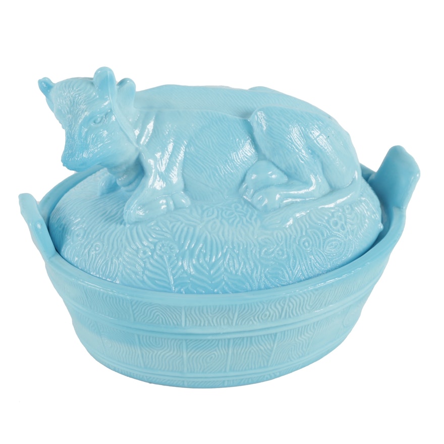 Blue Milk Glass Cow Covered Dish
