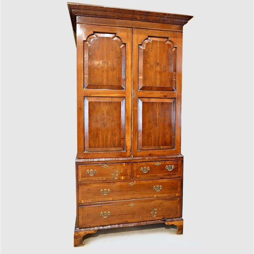 Antique Linen Press, Fruitwood Veenered, Chippendale in Style