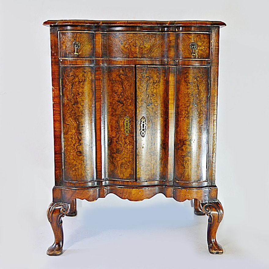 Antique Queen Anne Style Burl Walnut Cabinet
