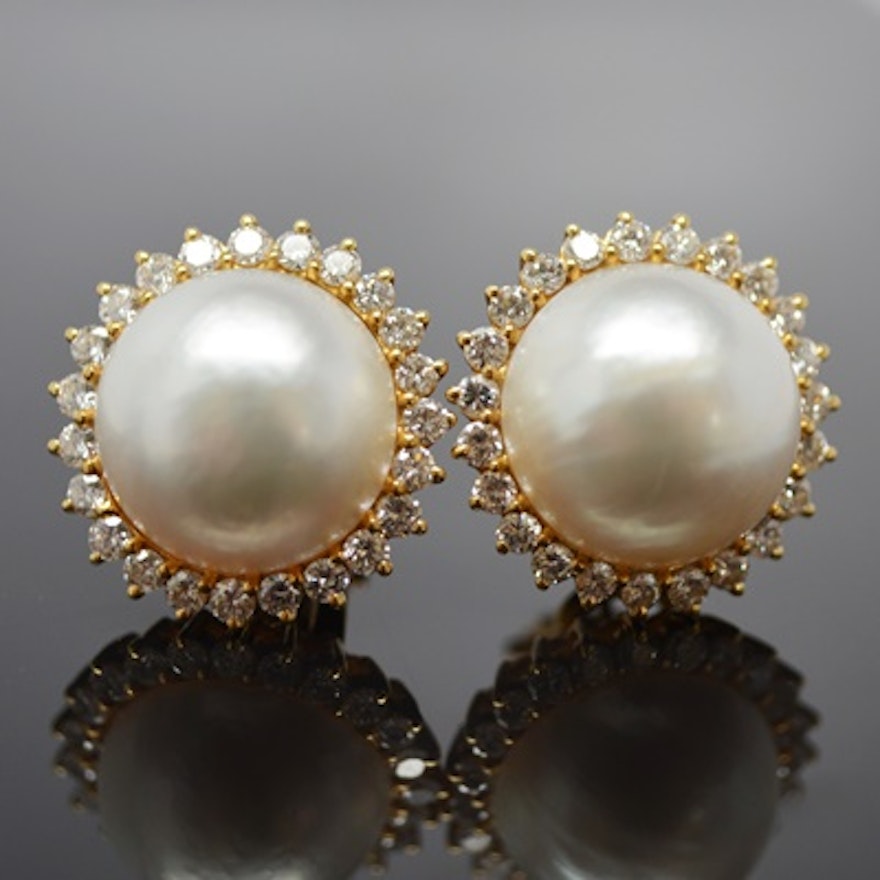 18K Yellow Gold Mabe Pearl and Diamond Pierced Earrings