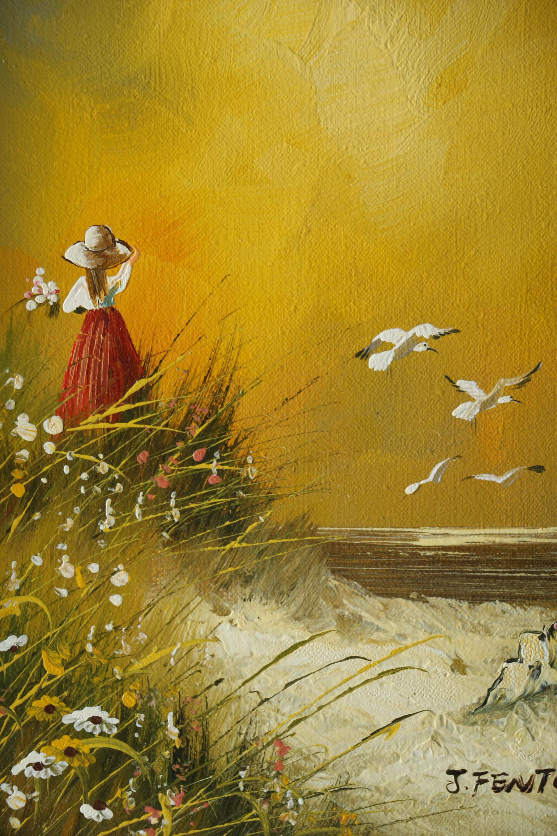 J. Fenton Original Oil Painting on Canvas of Beach Scene