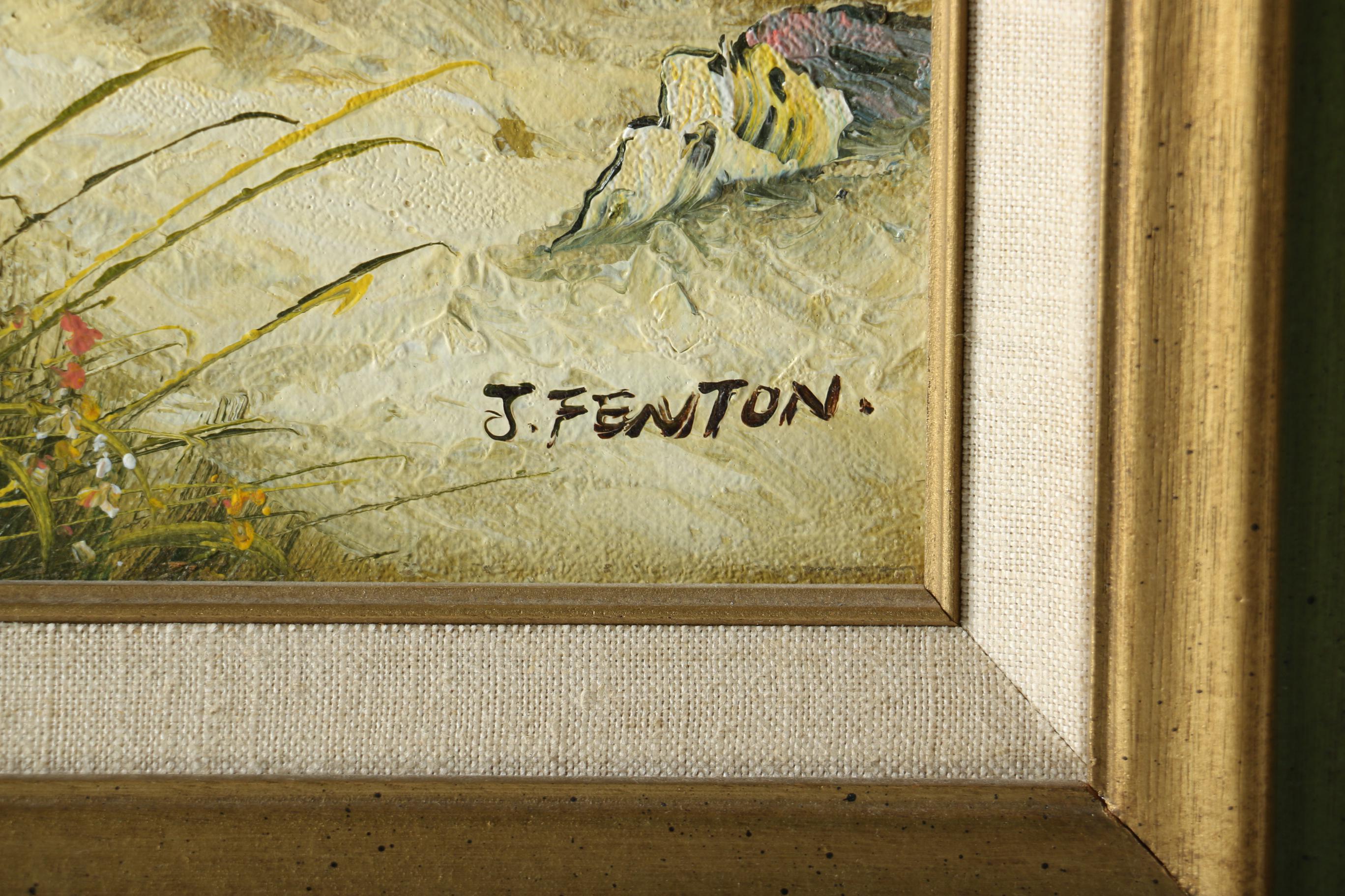 J. Fenton Original Oil Painting on Canvas of Beach Scene