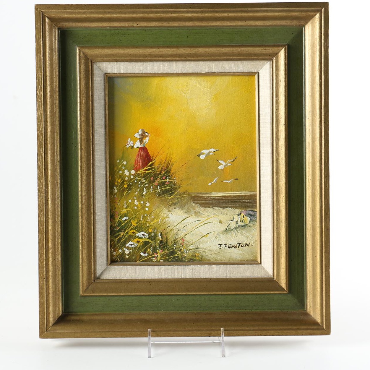 J. Fenton Original Oil Painting on Canvas of Beach Scene