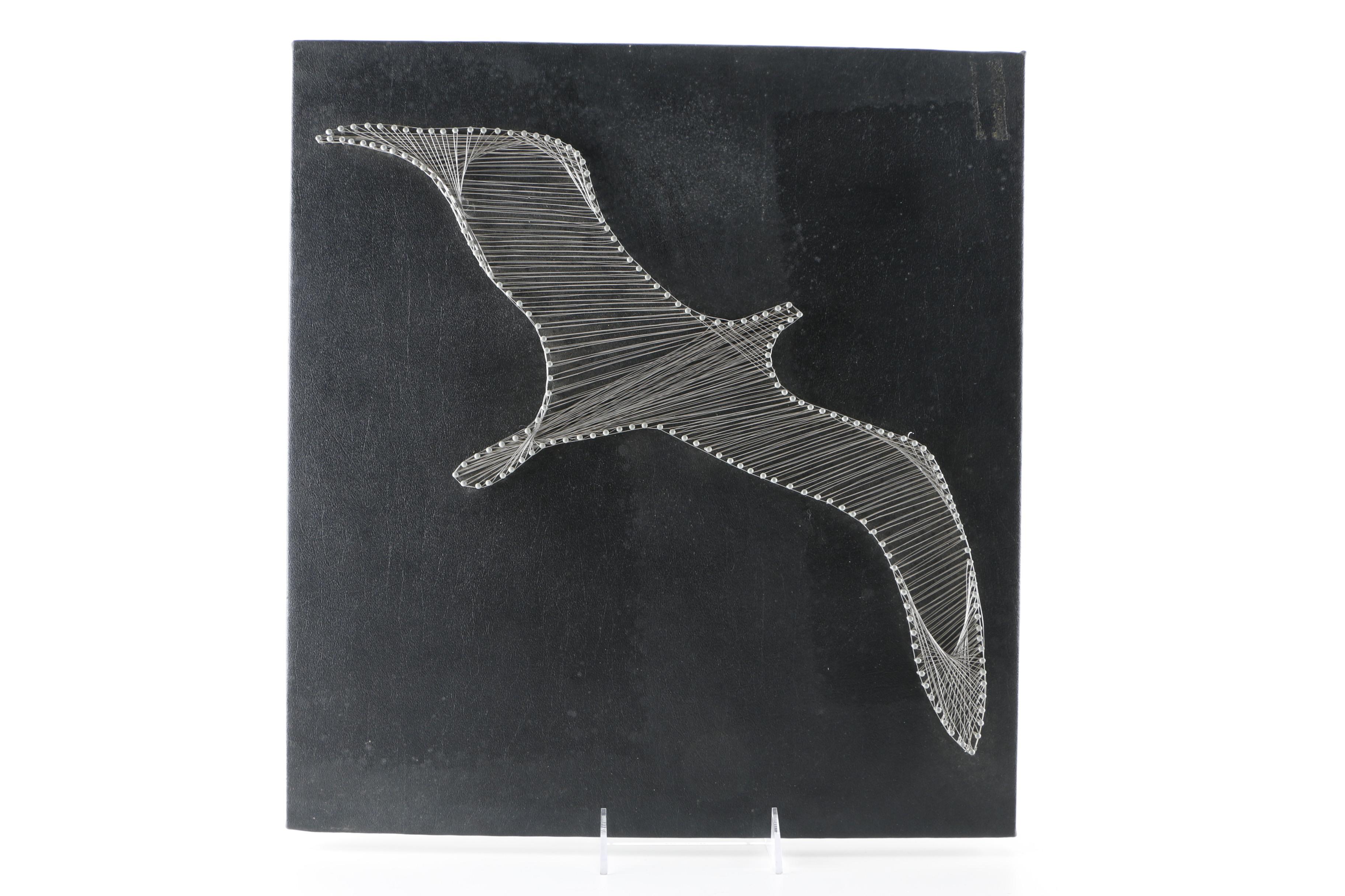 Wire on Leather Canvas of Seagull and Penny-Farthing Bicycle