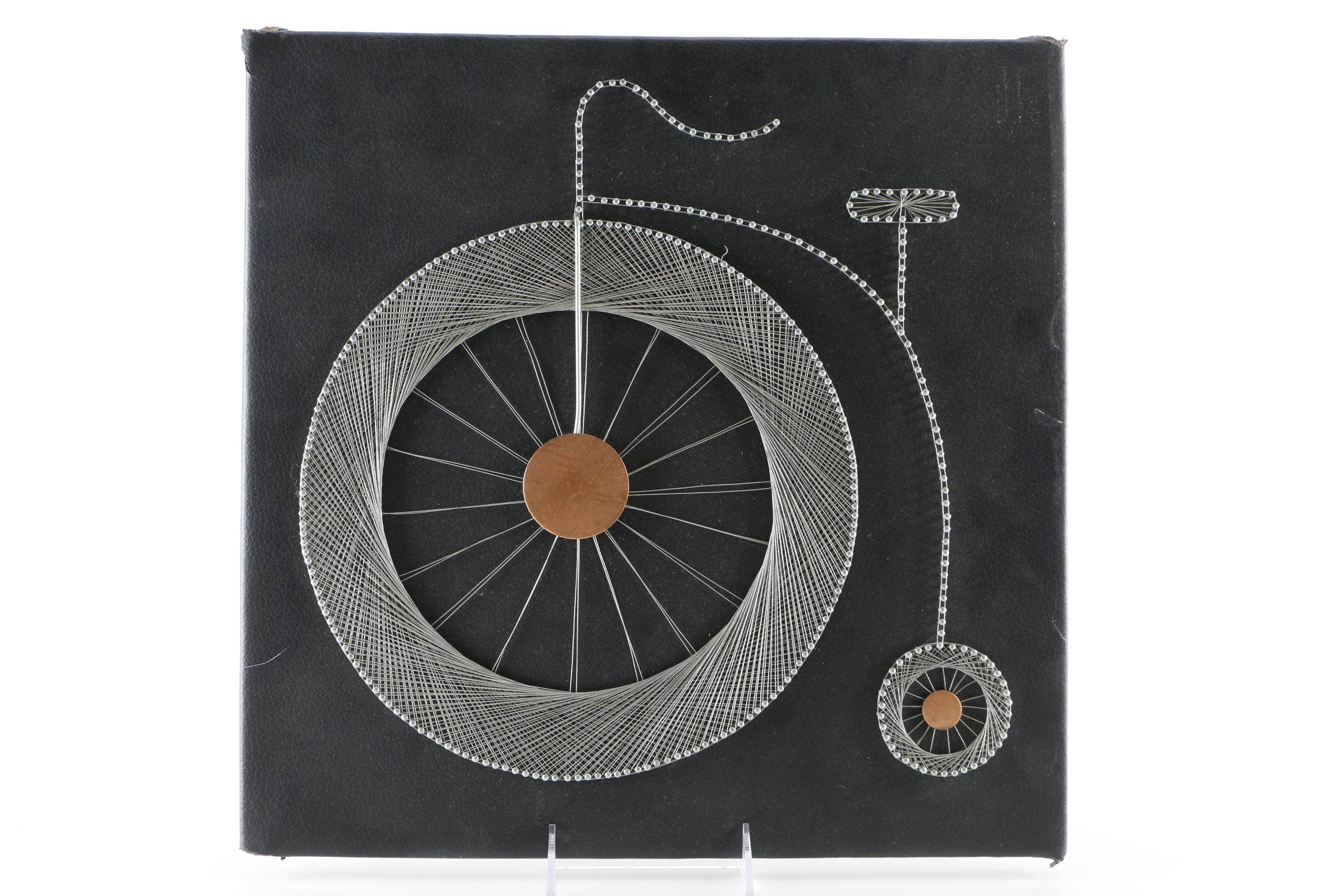 Wire on Leather Canvas of Seagull and Penny-Farthing Bicycle