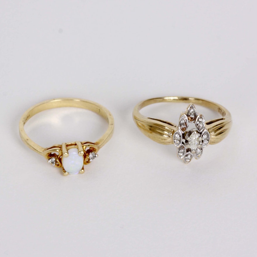 10K Gold Diamond Ring and 10K Gold Diamond Opal Ring