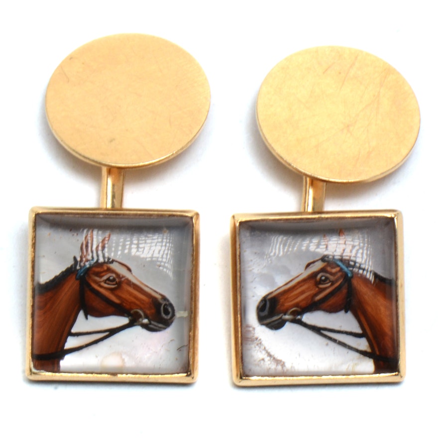 Men's Vintage 14K Yellow Gold Hand Decorated Equestrian Cufflinks