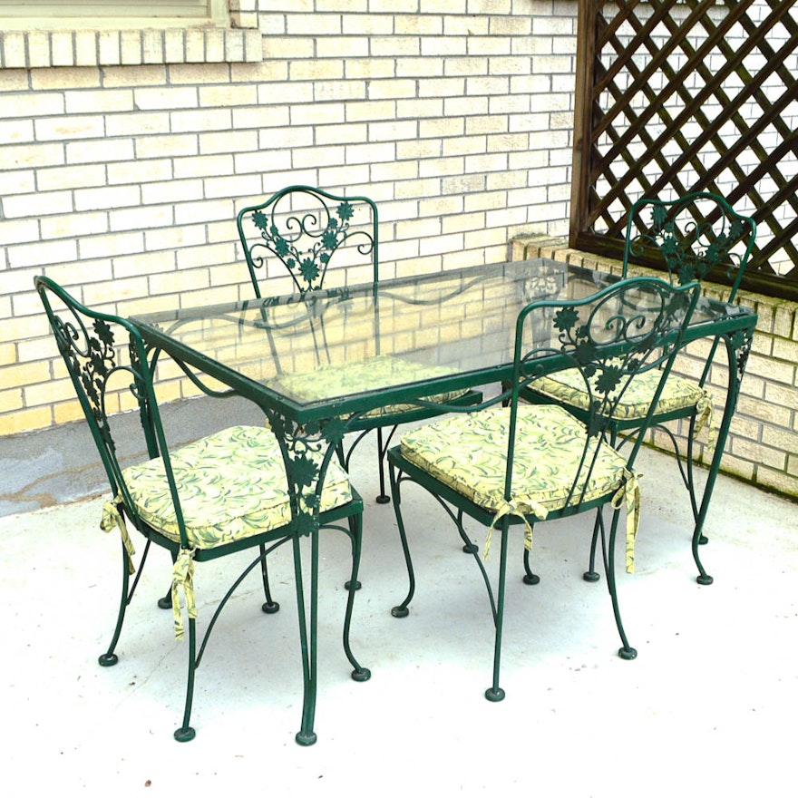 Vintage Woodard Glass Top Wrought Iron Table and Four Chairs