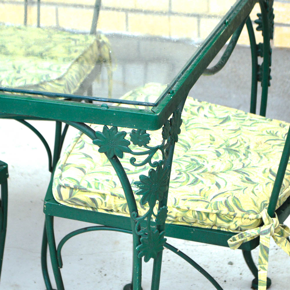 Vintage Woodard Glass Top Wrought Iron Table and Four Chairs