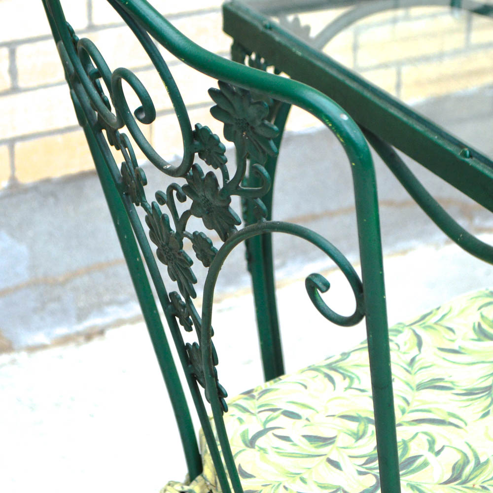 Vintage Woodard Glass Top Wrought Iron Table and Four Chairs