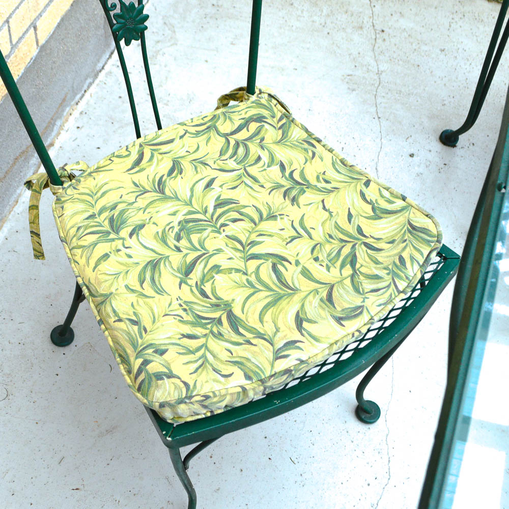 Vintage Woodard Glass Top Wrought Iron Table and Four Chairs