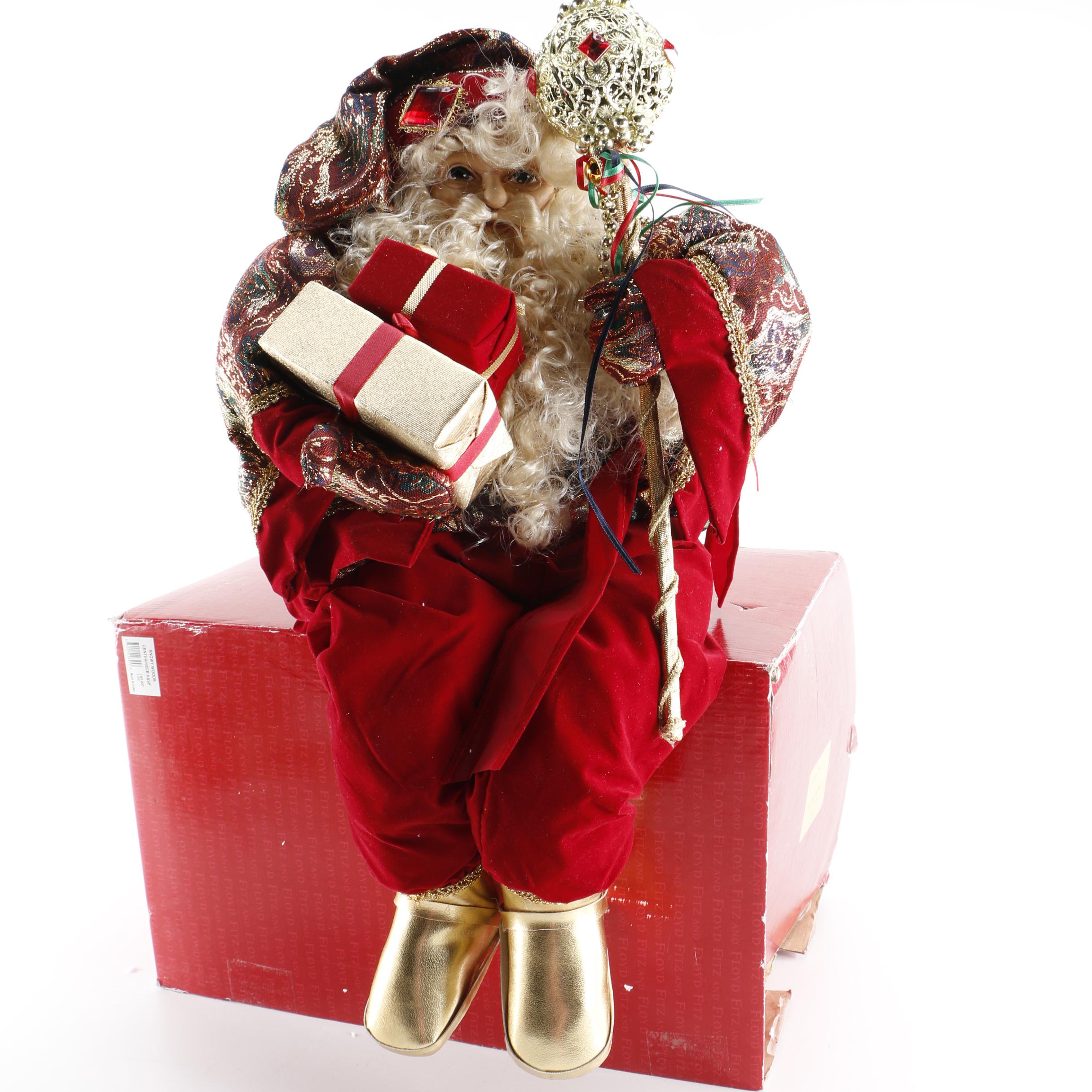 Fitz and Floyd "Snowy Woods" Vase and Santa Plush