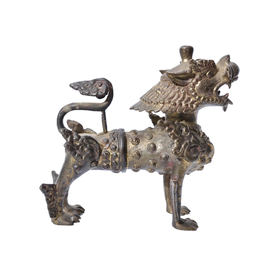 Sino-Tibetan Cast Metal Guardian Lion Figurine