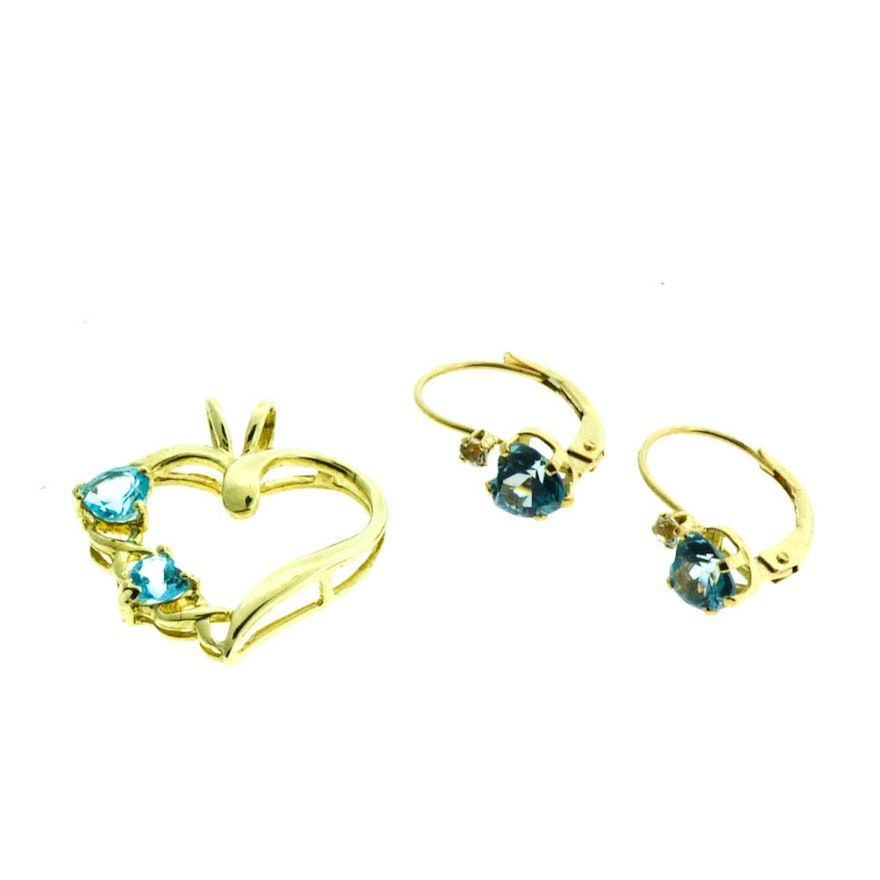 Blue Topaz Heart Yellow Gold Pendant and Earrings