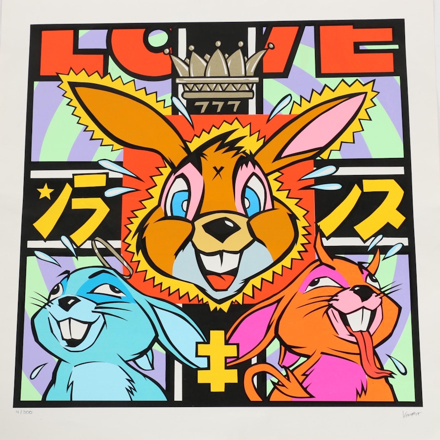 Limited Edition Frank Kozik Serigraph of Three Rabbits and Crown