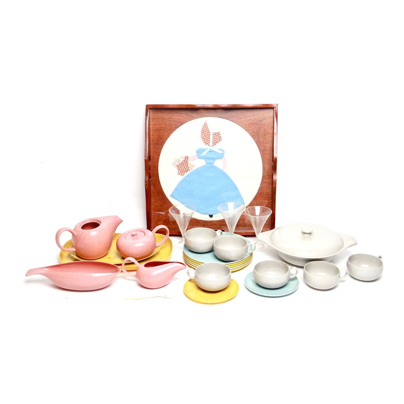 Vintage Russel Wright Children's Play Set Dishes and Wooden Tray