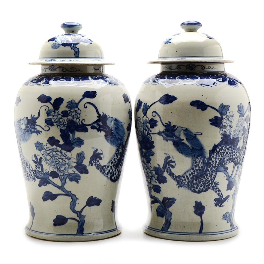 Pair of Large Antique Chinese Hand-painted Ginger Jars