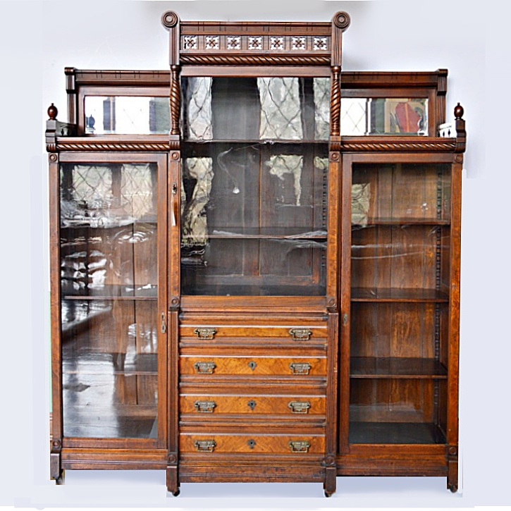 Victorian Eastlake Walnut Triple Bookcase Cabinet