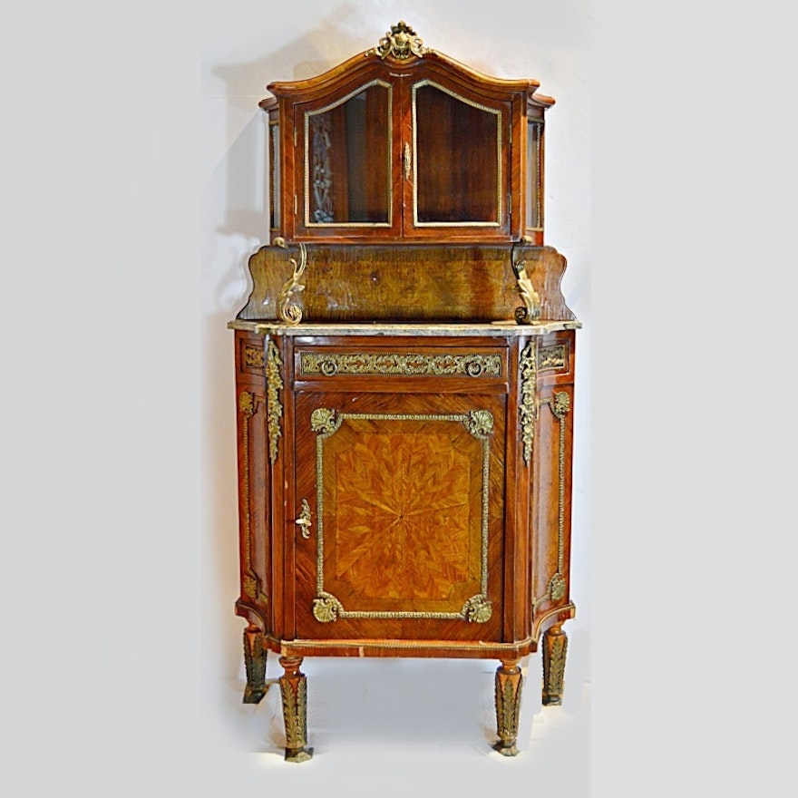 French Louis XVI Style Burl Mahogany/Elm Cabinet with Vitrine Top