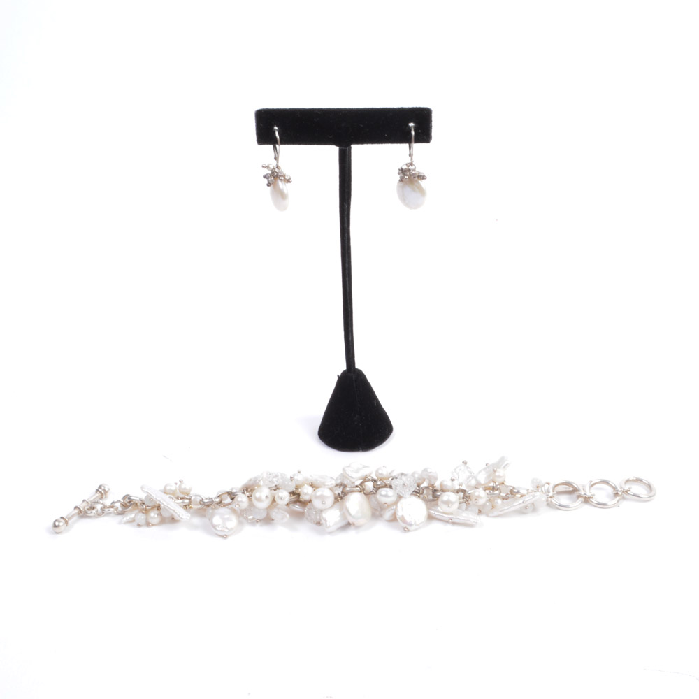 Sterling Silver Bracelet and Earrings With Fresh Water Pearls
