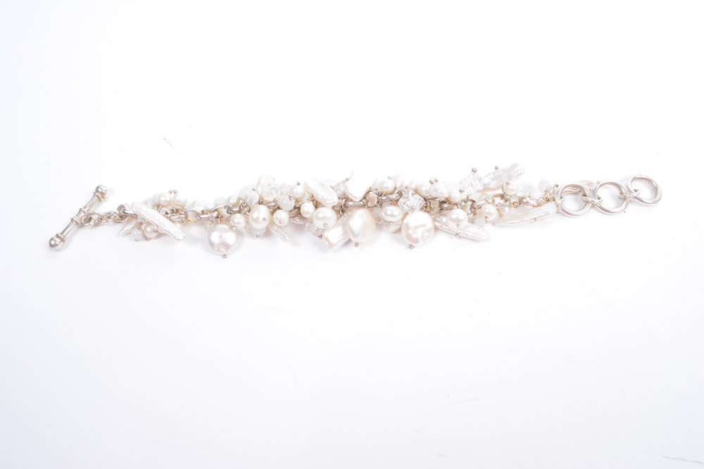 Sterling Silver Bracelet and Earrings With Fresh Water Pearls