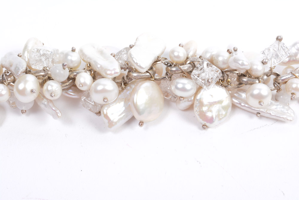 Sterling Silver Bracelet and Earrings With Fresh Water Pearls