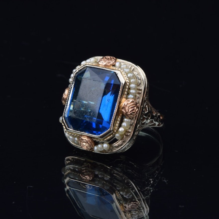 14K Gold Art Deco Blue Glass and Seed Pearl Ring