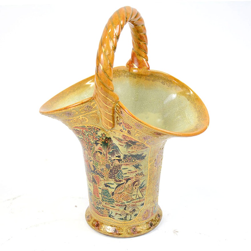 Hand Painted Gold Tone Chinese Satsuma Style Basket Vase