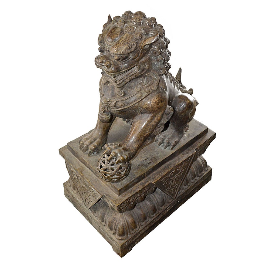Antique Bronze Tone Metal Imperial Lion Statue