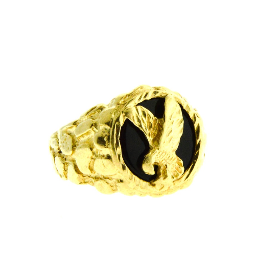 10K Yellow Gold Men's Nugget Ring with Onyx Disk and Eagle