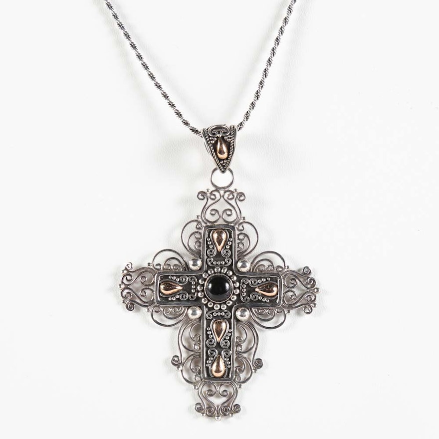 Sterling Silver and 18K Gold Filigree Cross Necklace