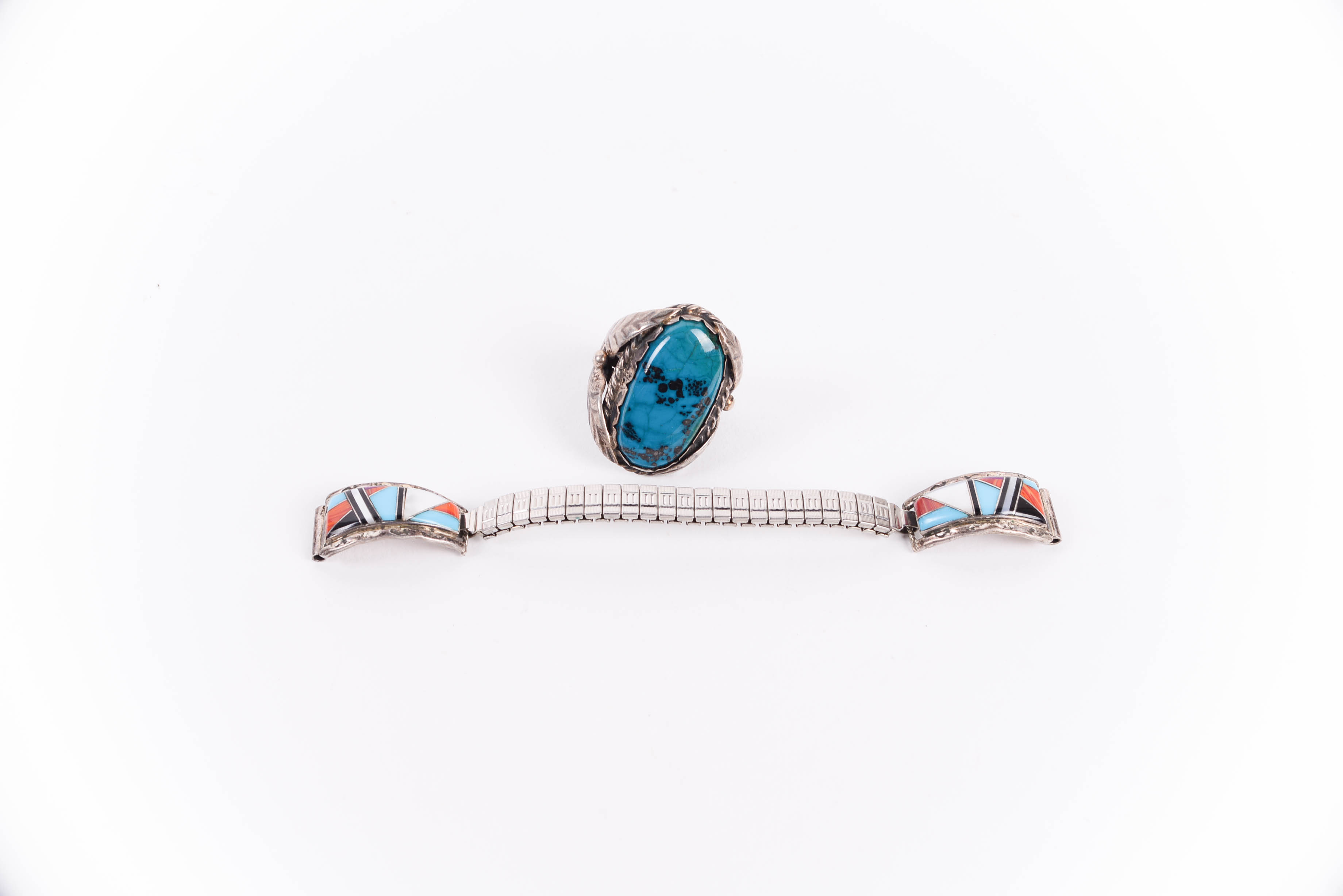 Signed Sterling Silver Navajo Sallie Yazzie Watch Band with Dyed Dalmation Ring