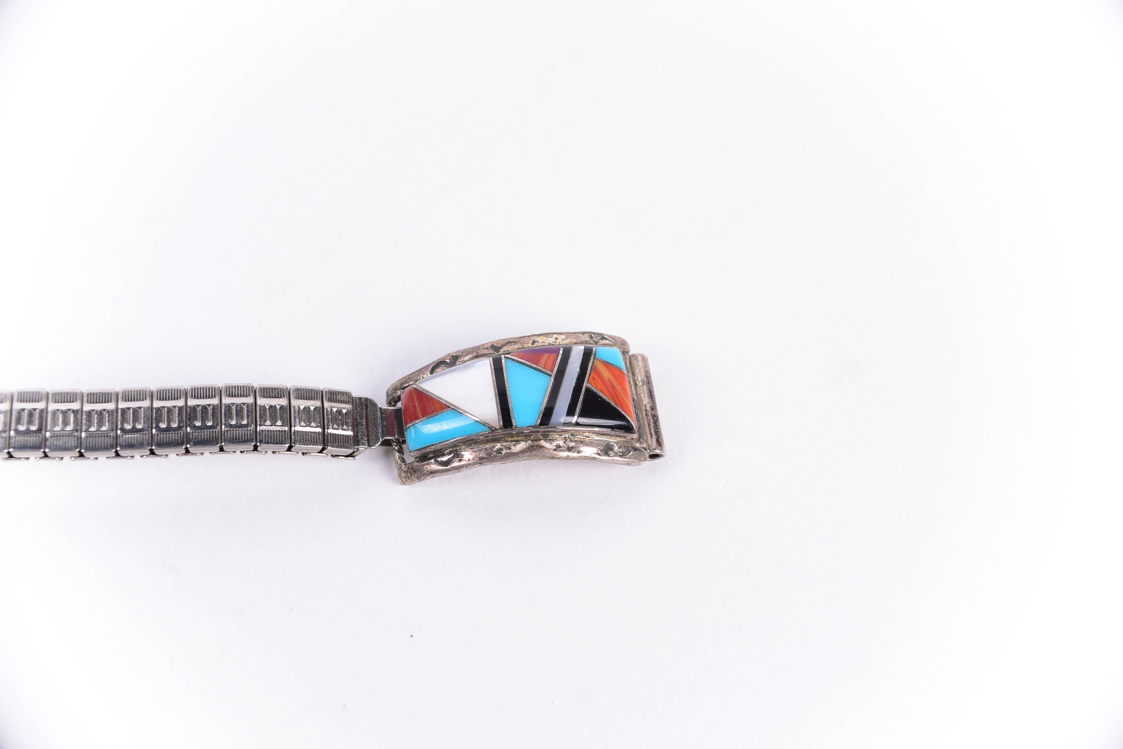 Signed Sterling Silver Navajo Sallie Yazzie Watch Band with Dyed Dalmation Ring
