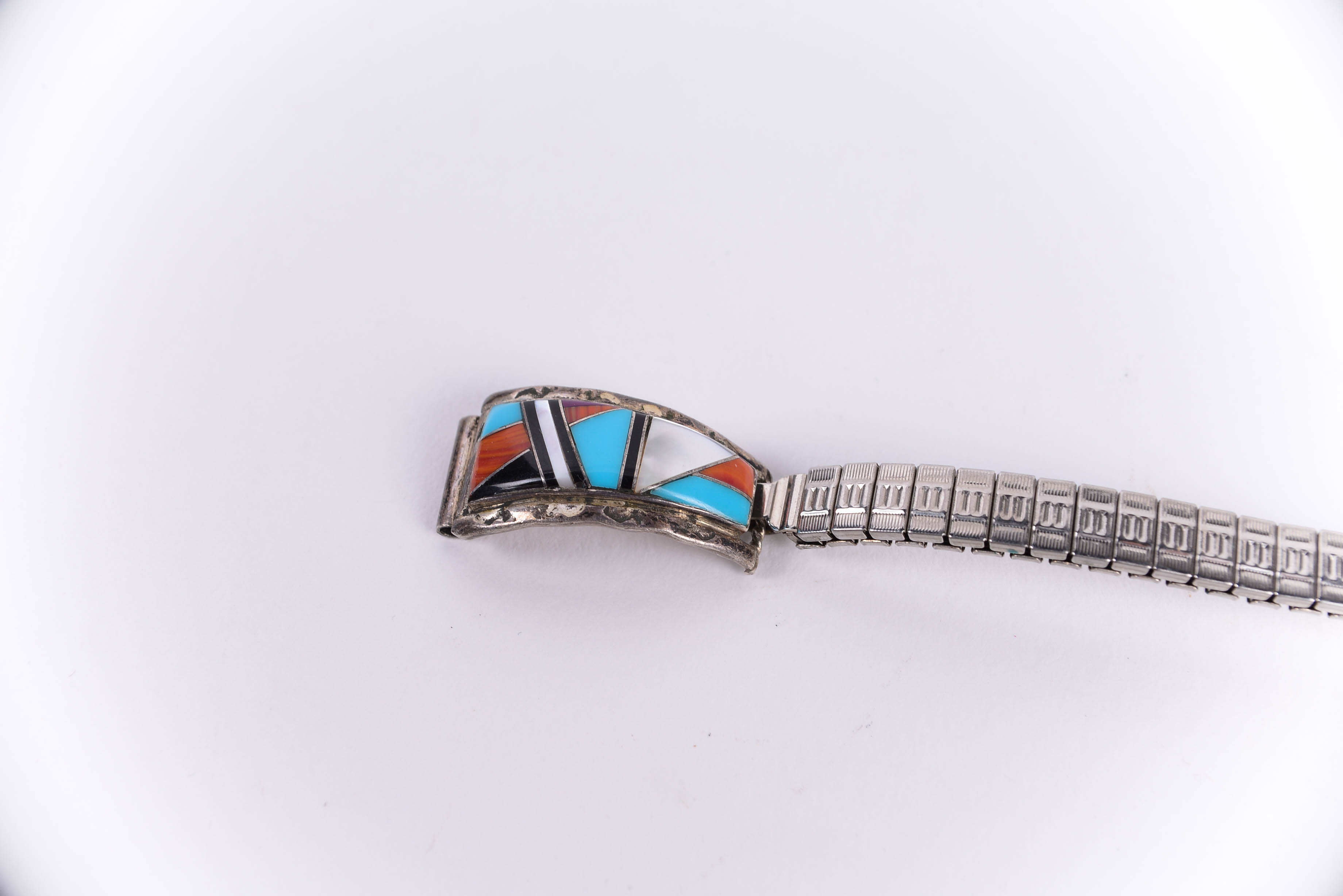 Signed Sterling Silver Navajo Sallie Yazzie Watch Band with Dyed Dalmation Ring