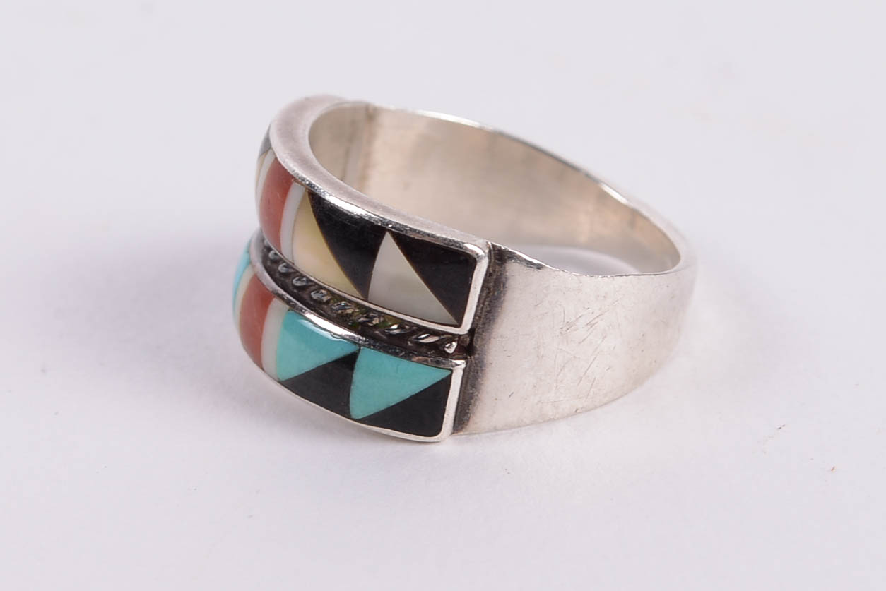 Sterling Silver and Silver Rings with Turquoise and Mother of Pearl