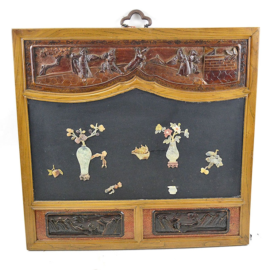 Chinese Panel With Applied Carved Vases