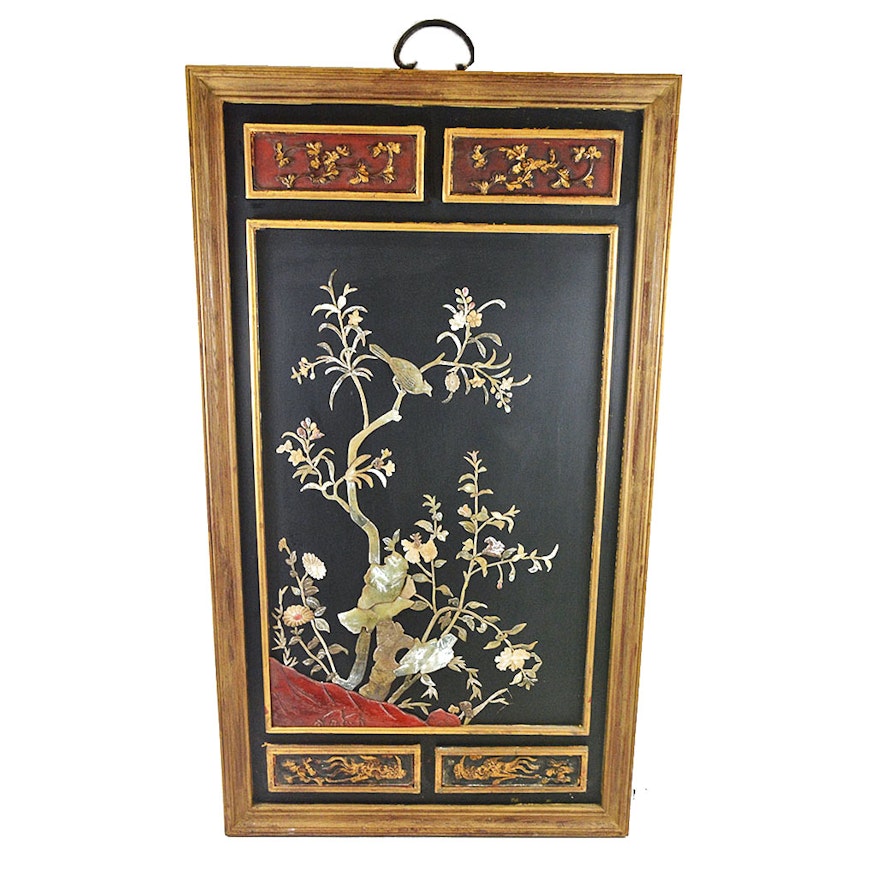 Large Chinese Panel With Applied Carved Birds and Branches