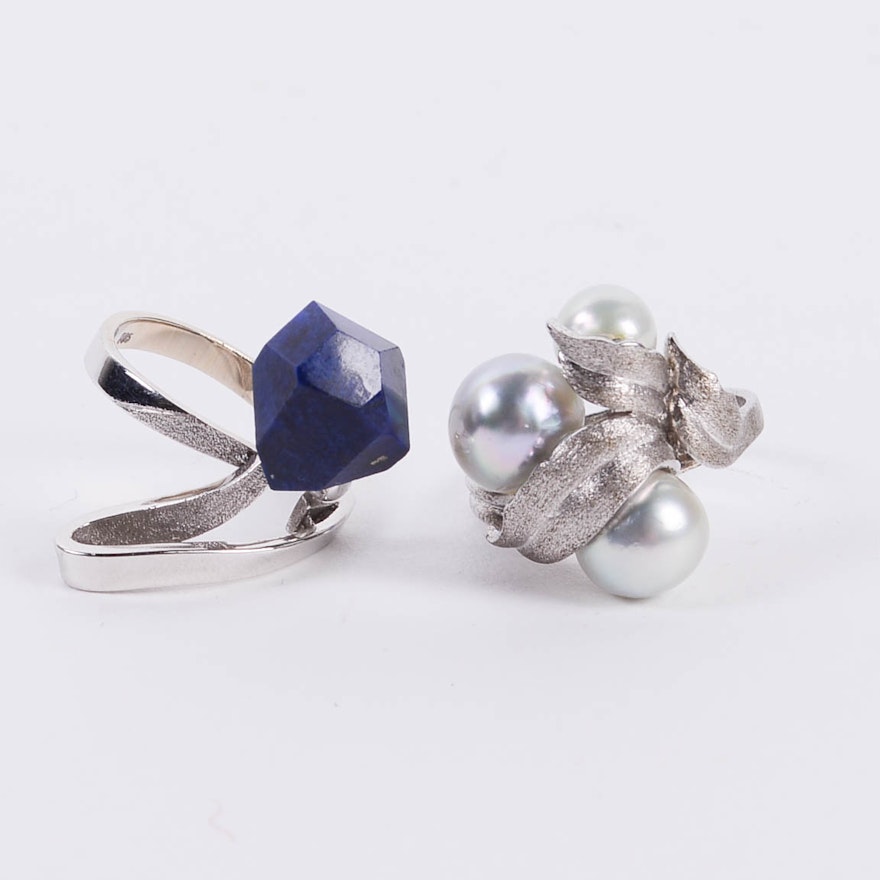 Sterling Silver Ring with Freshwater Pearls and 14K White Gold Ring with Lapis Lazuli