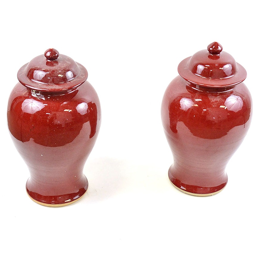 Pair Chinese Oxblood Glazed Urns With Lids