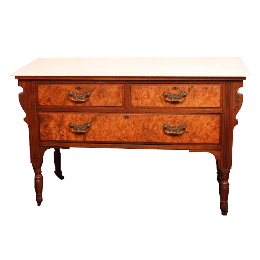 Victorian Marble Top Burl Wood Veneer Buffet