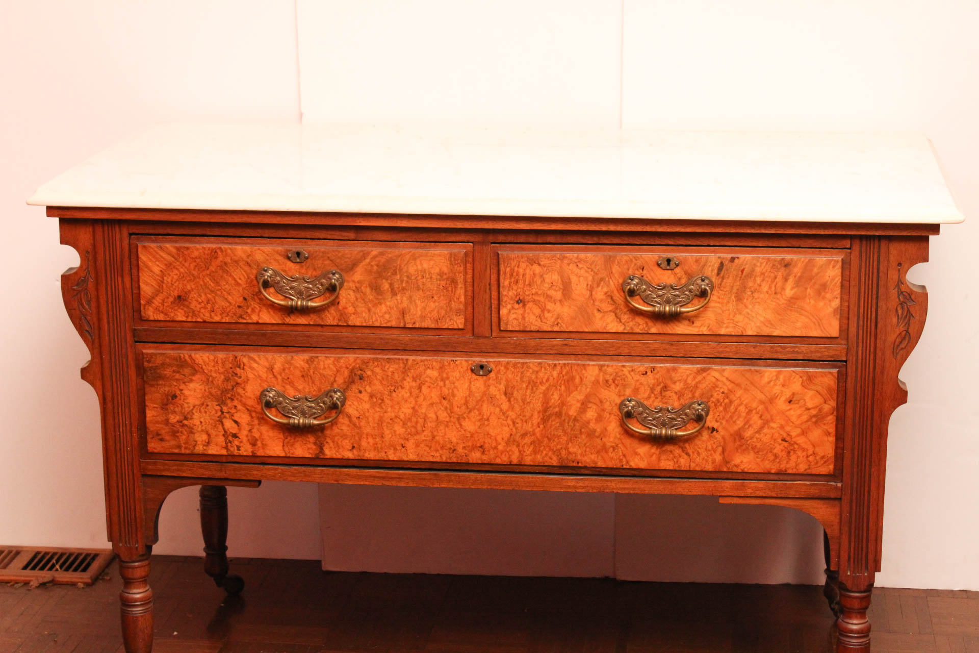 Victorian Marble Top Burl Wood Veneer Buffet