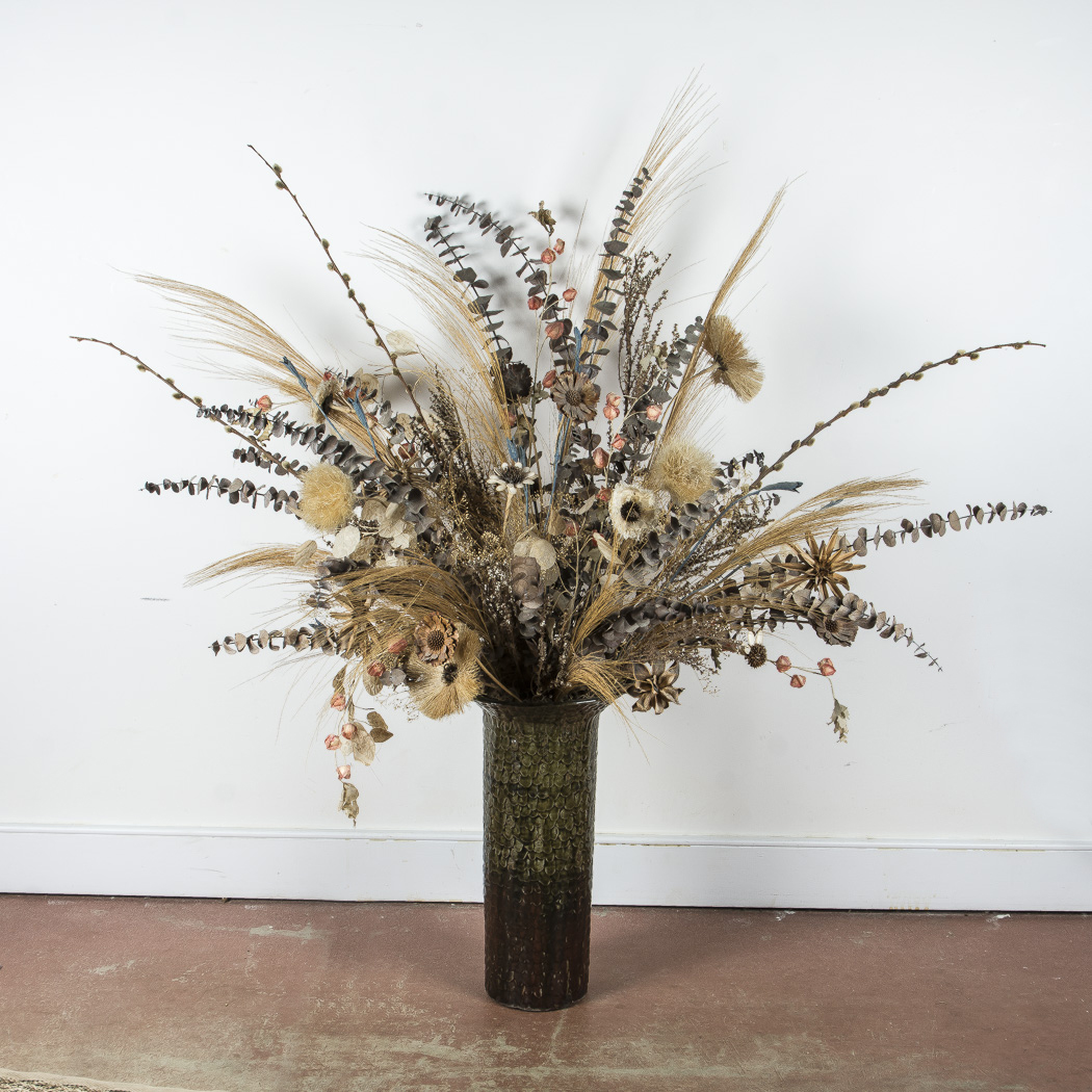 Pottery Vase and Decorative Floral Arrangement