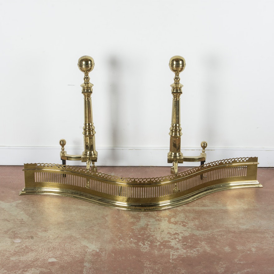 Set of Solid Brass Andirons and Fireplace Fender