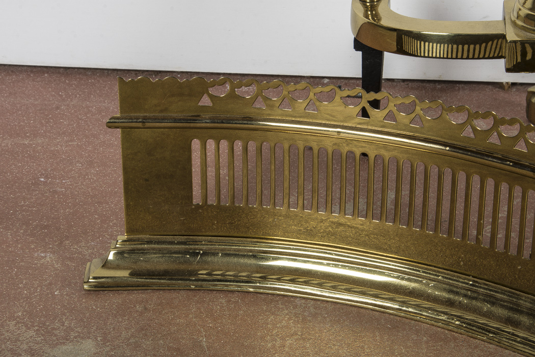 Set of Solid Brass Andirons and Fireplace Fender