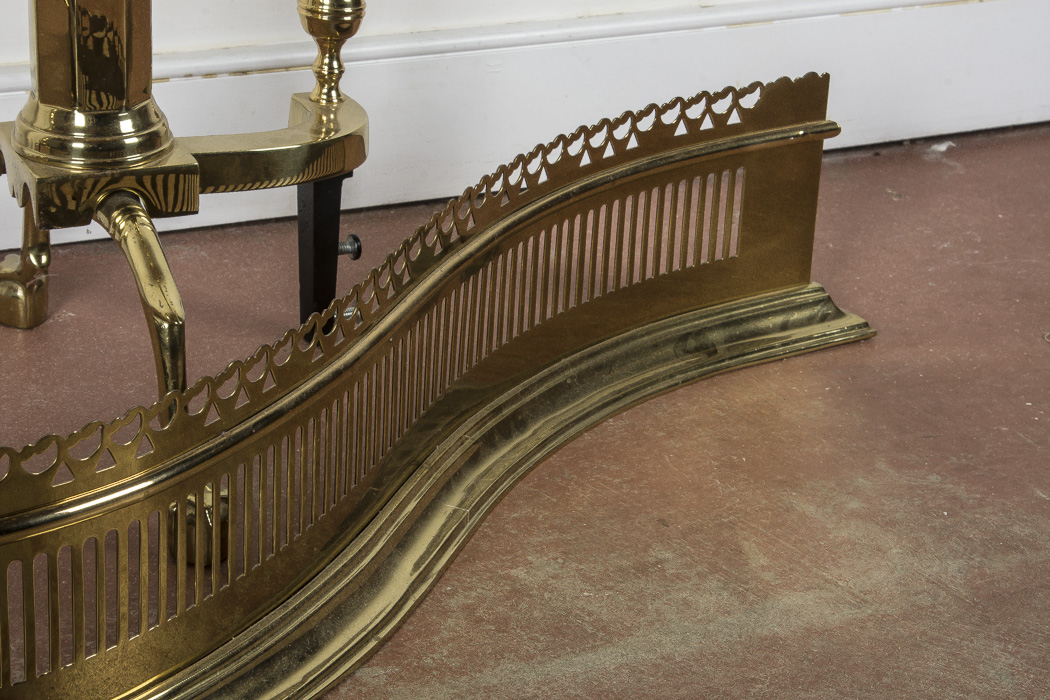 Set of Solid Brass Andirons and Fireplace Fender