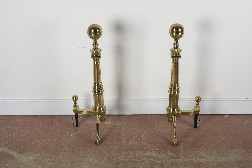 Set of Solid Brass Andirons and Fireplace Fender