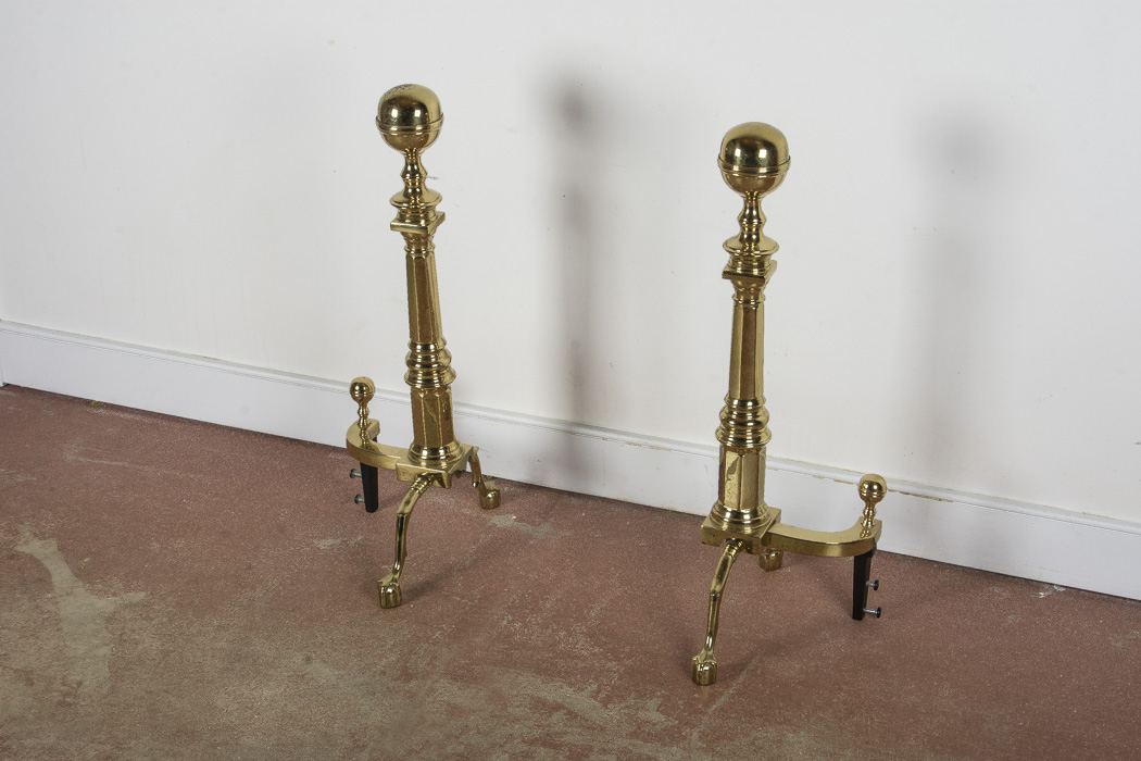 Set of Solid Brass Andirons and Fireplace Fender
