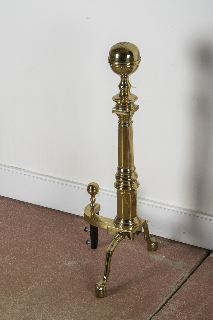 Set of Solid Brass Andirons and Fireplace Fender